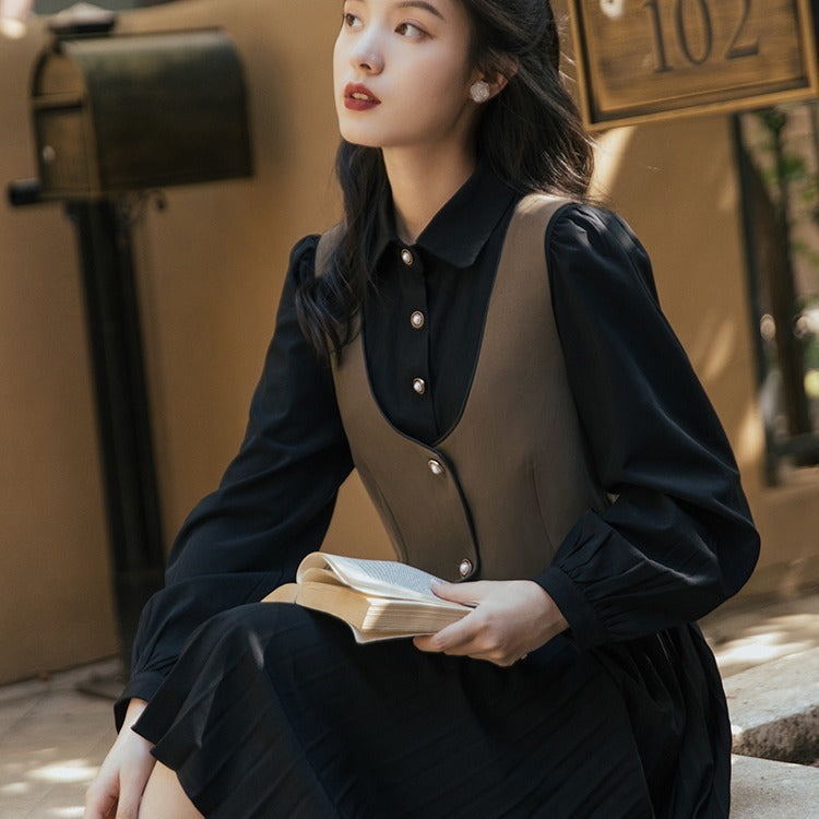 Retro Style Dress With Two-piece Vest Vacation Pleated Skirt