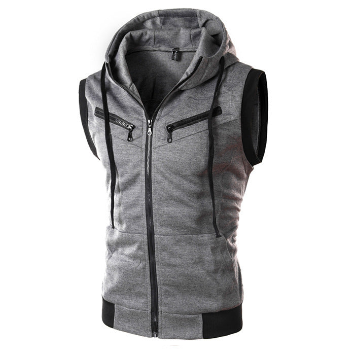 Summer New Men Hooded Sleeveless Vest Solid Color