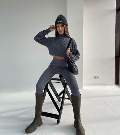 High-necked Long-sleeved Solid Color Wool Pants Suit