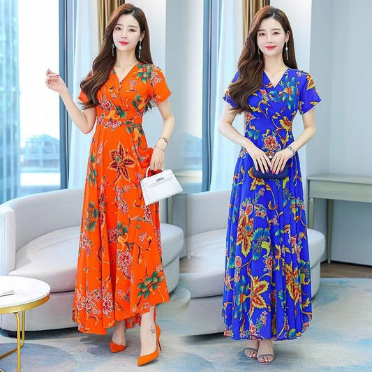 Ice Silk Short Sleeve High Waist V-neck Women's Skirt