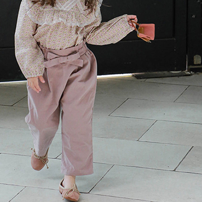 Girls Flower Bud Waist Bow Slacks