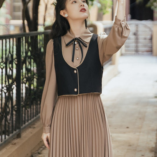 Retro Style Dress With Two-piece Vest Vacation Pleated Skirt