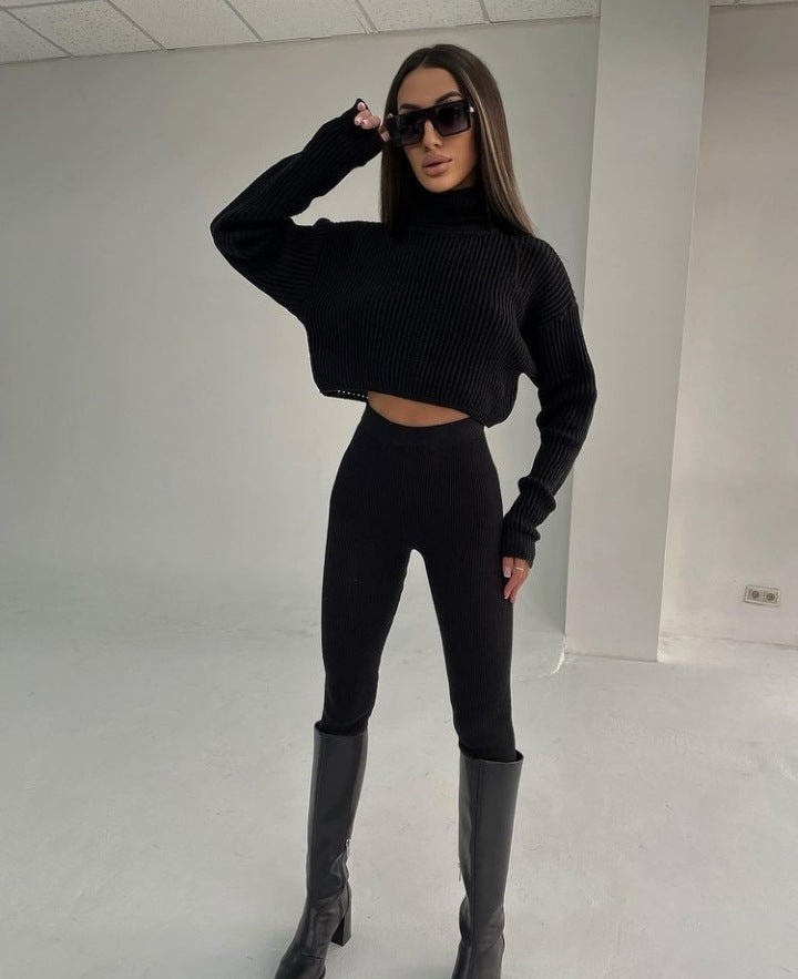 High-necked Long-sleeved Solid Color Wool Pants Suit