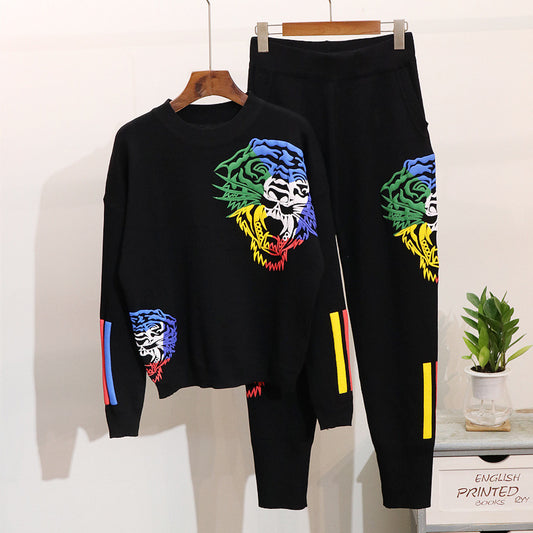 Women's Tiger Head Long Sleeve Knit Pants Set