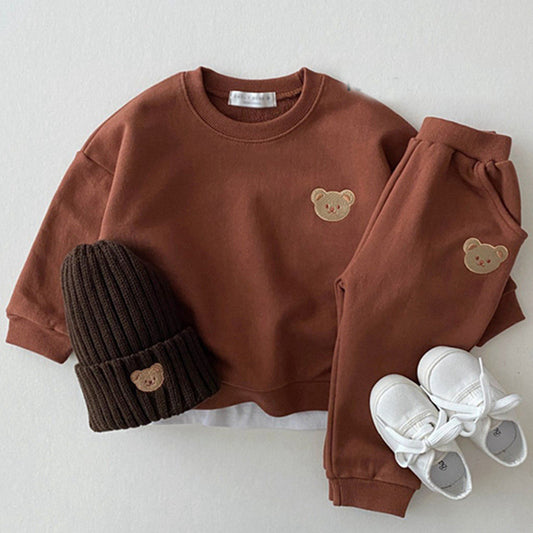 Newborn Infant Children's Cotton Bear Round Neck Sweater Two Piece Set