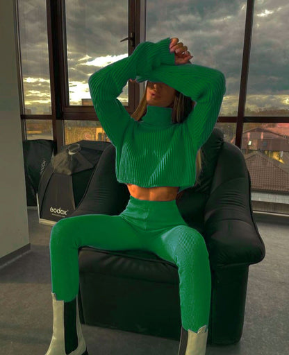 High-necked Long-sleeved Solid Color Wool Pants Suit