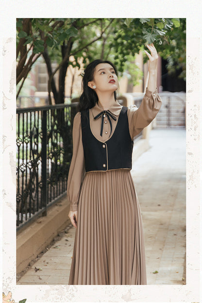Retro Style Dress With Two-piece Vest Vacation Pleated Skirt