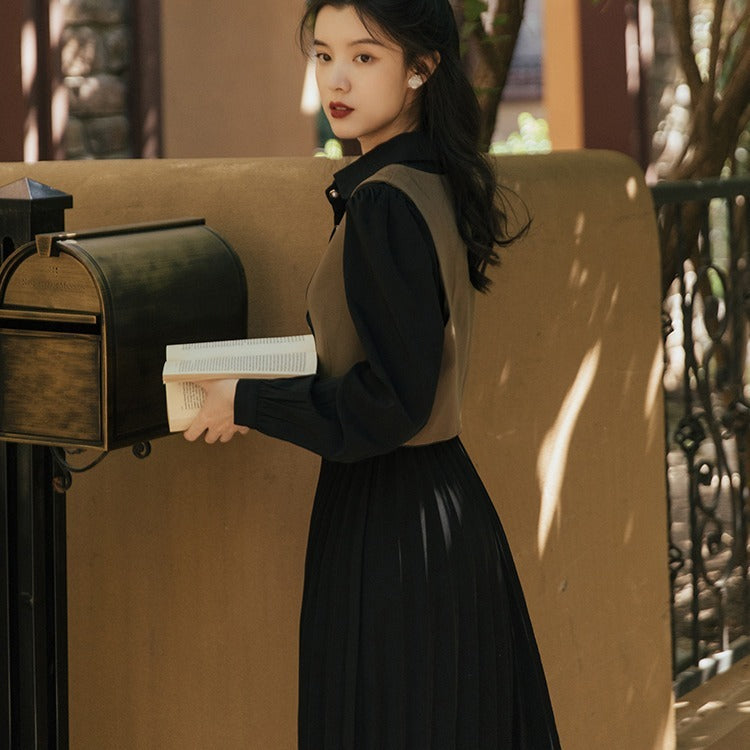 Retro Style Dress With Two-piece Vest Vacation Pleated Skirt
