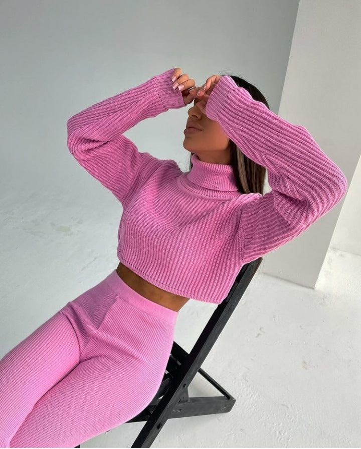 High-necked Long-sleeved Solid Color Wool Pants Suit