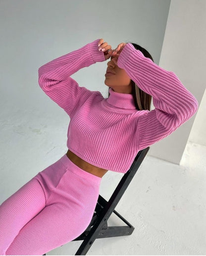High-necked Long-sleeved Solid Color Wool Pants Suit