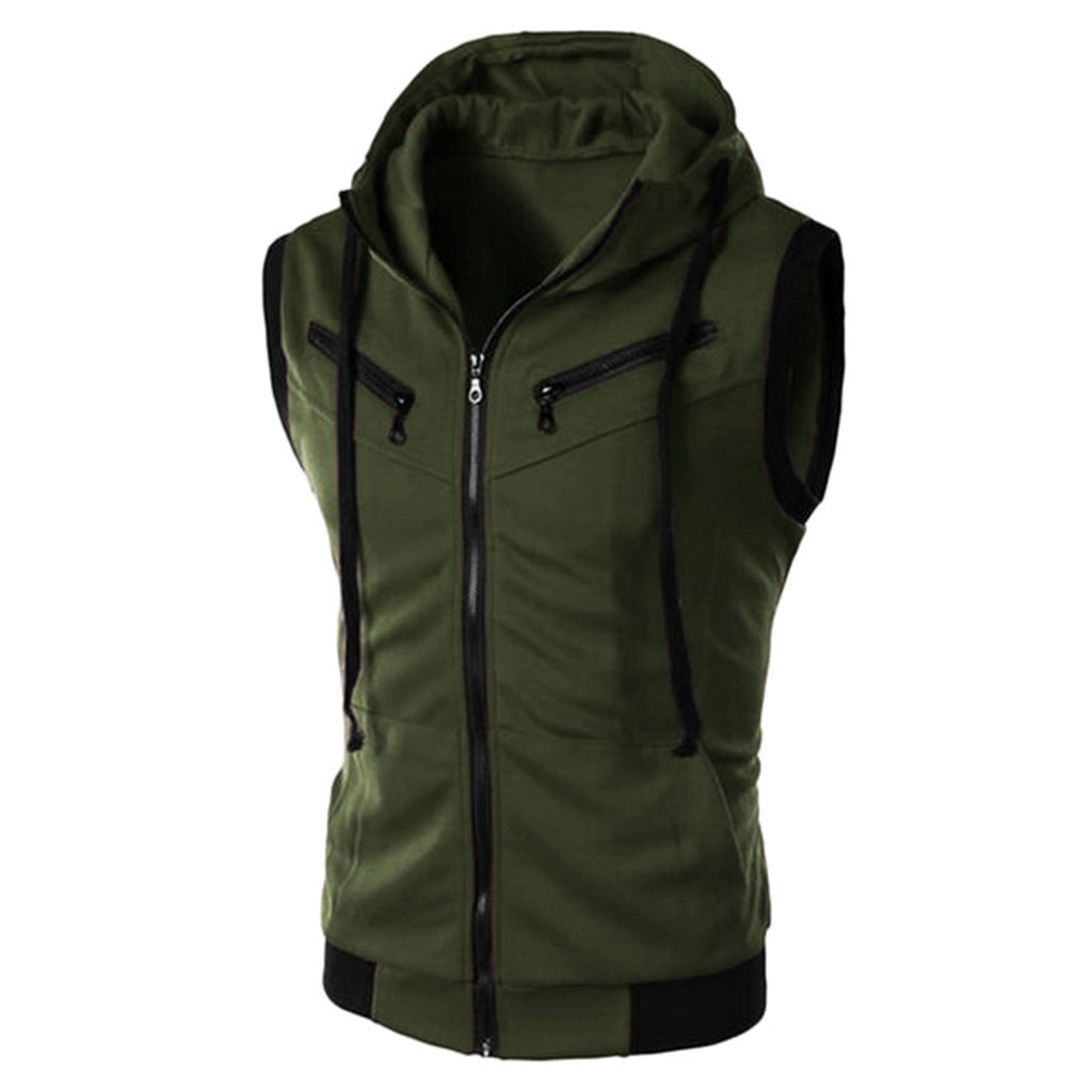Summer New Men Hooded Sleeveless Vest Solid Color